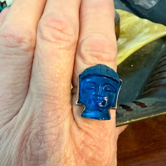 Sterling silver, Blue glass Buddha head ring. Size 9-9 1/2. - Picture 4 of 6